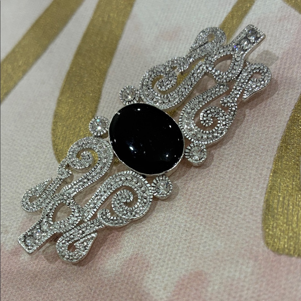 Elegant Silver Tone With AB White Rhinestone And Black Enamel Brooch
